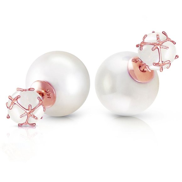 14K. SOLID GOLD TRIBAL DOUBLE SHELL PEARLS AND OPALS STUD EARRINGS (Rose Gold) - Picture 1 of 6